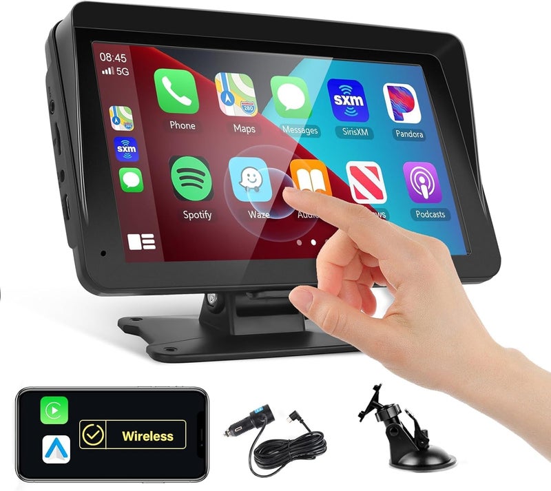 Podofo Portable Car Stereo Wireless Carplay Android Auto,7 Inch Touch Screen Car Radio with Bluetooth Hands-Free/Mirror Link/Maps Navigation/Voice Control/TF Card/AUX,for Cars, Trucks, SUVs - Image 1